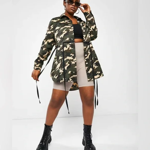 Plus Size Camo Print Button Front High Low Coat Outerwear - Picture 2 of 9